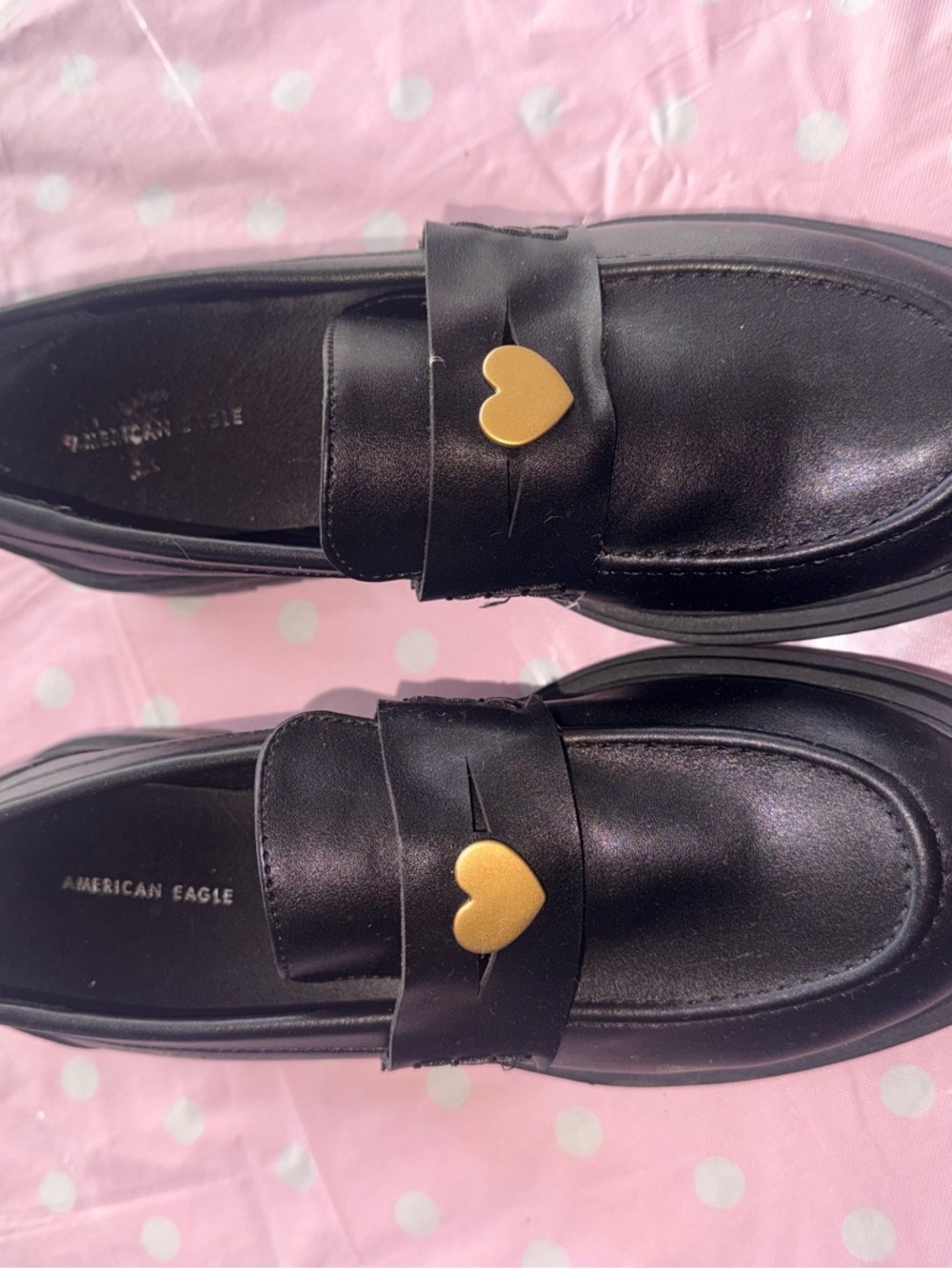 American Eagle Black Loafers with Gold Heart Accent